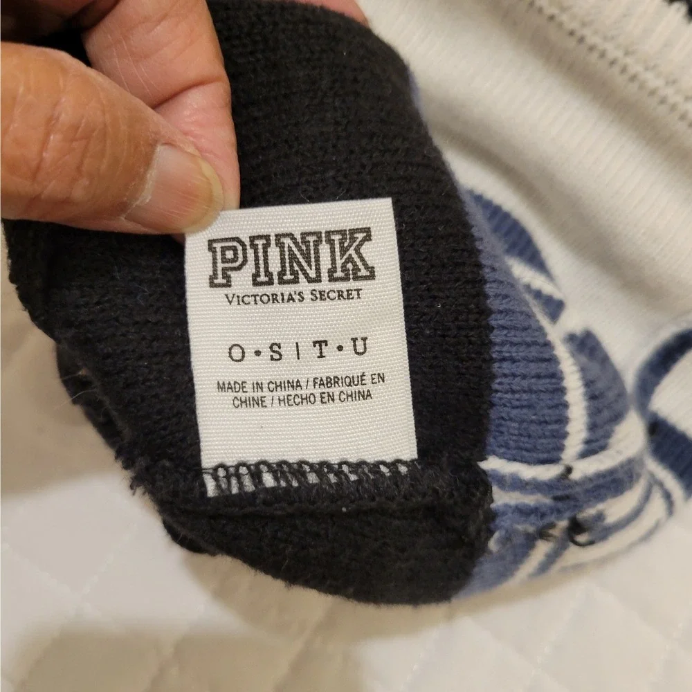 Victorias Secret PINK Nation Blue White Black Pom Pom Beanie Cozy Hat Snow Bunny